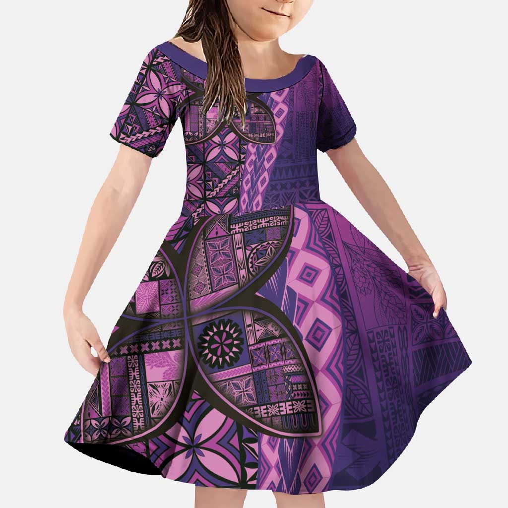 Samoan Pacific Tribal Flower Geometric Art Tattoos Family Matching Short Sleeve Bodycon Dress and Hawaiian Shirt Siapo Pattern Purple Haze - Polynesian Pride