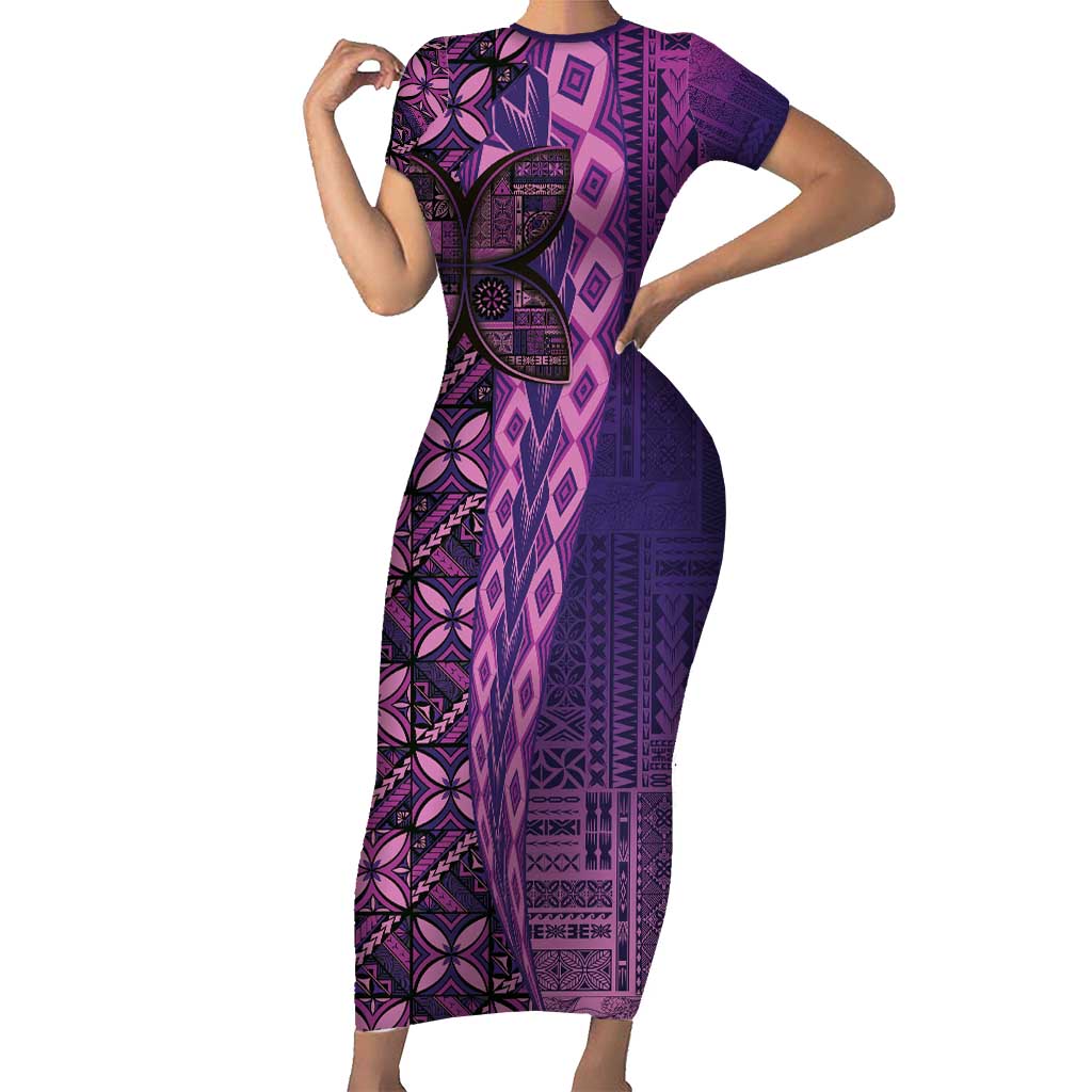 Samoan Pacific Tribal Flower Geometric Art Tattoos Family Matching Short Sleeve Bodycon Dress and Hawaiian Shirt Siapo Pattern Purple Haze - Polynesian Pride