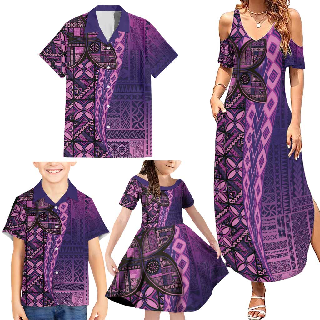 Samoan Pacific Tribal Flower Geometric Art Tattoos Family Matching Summer Maxi Dress and Hawaiian Shirt Siapo Pattern Purple Haze - Polynesian Pride