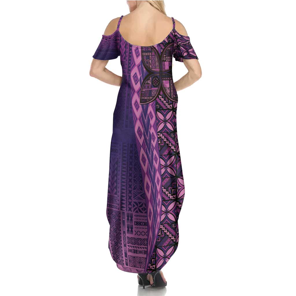 Samoan Pacific Tribal Flower Geometric Art Tattoos Family Matching Summer Maxi Dress and Hawaiian Shirt Siapo Pattern Purple Haze - Polynesian Pride