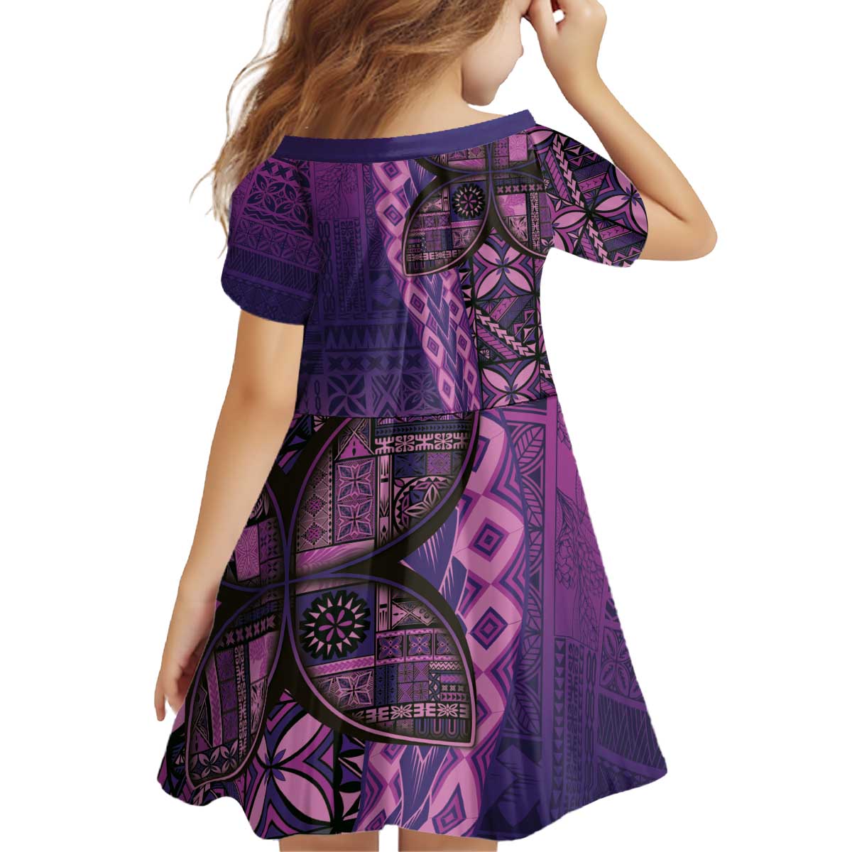 Samoan Pacific Tribal Flower Geometric Art Tattoos Kid Short Sleeve Dress Siapo Pattern Purple Haze - Polynesian Pride