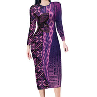 Samoan Pacific Tribal Flower Geometric Art Tattoos Long Sleeve Bodycon Dress Siapo Pattern Purple Haze - Polynesian Pride