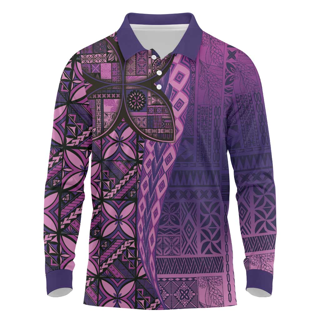 Samoan Pacific Tribal Flower Geometric Art Tattoos Long Sleeve Polo Shirt Siapo Pattern Purple Haze - Polynesian Pride
