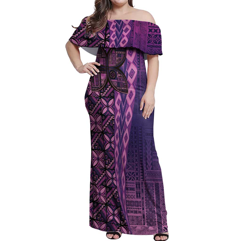 Samoan Pacific Tribal Flower Geometric Art Tattoos Off Shoulder Maxi Dress Siapo Pattern Purple Haze - Polynesian Pride