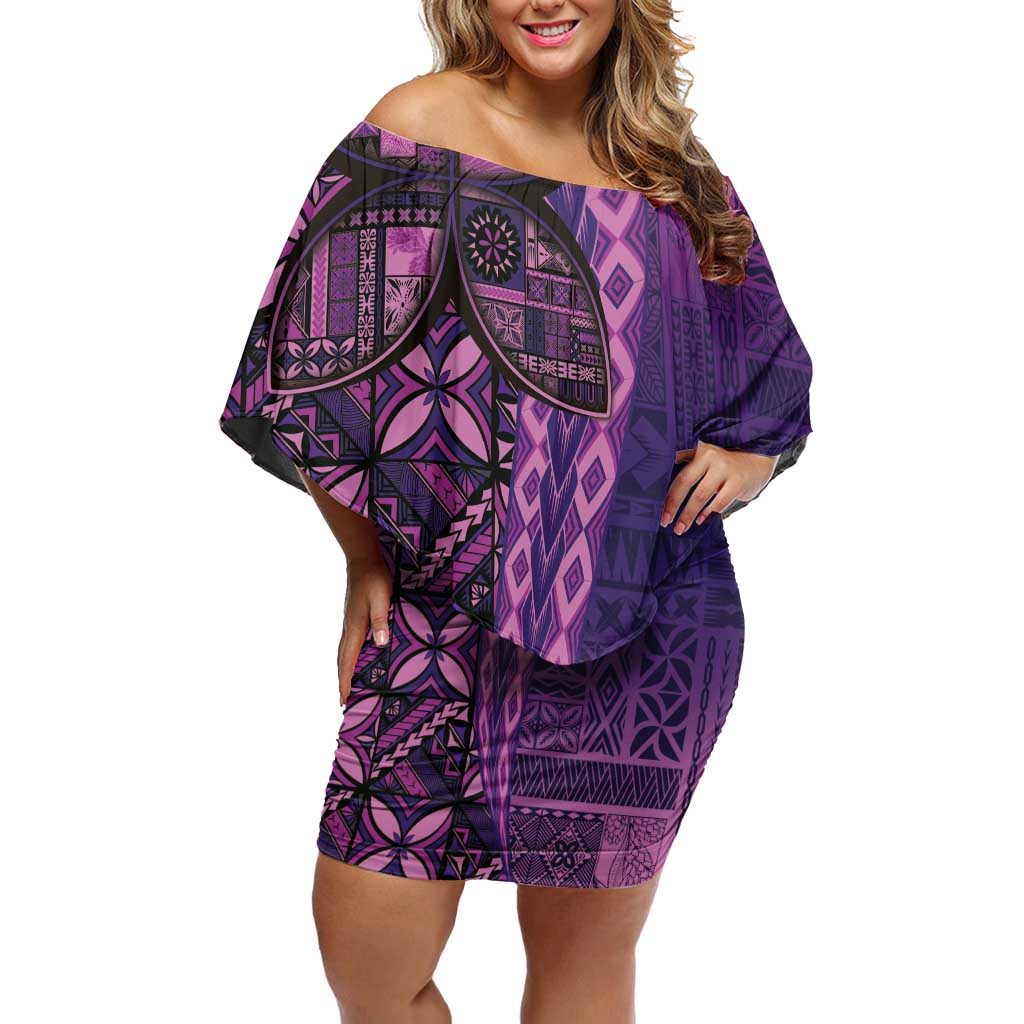 Samoan Pacific Tribal Flower Geometric Art Tattoos Off Shoulder Short Dress Siapo Pattern Purple Haze - Polynesian Pride