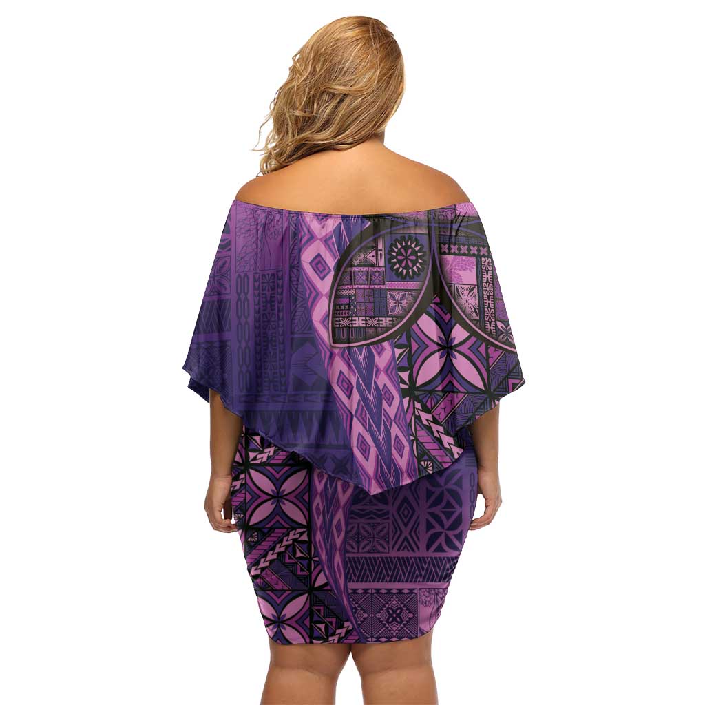 Samoan Pacific Tribal Flower Geometric Art Tattoos Off Shoulder Short Dress Siapo Pattern Purple Haze - Polynesian Pride