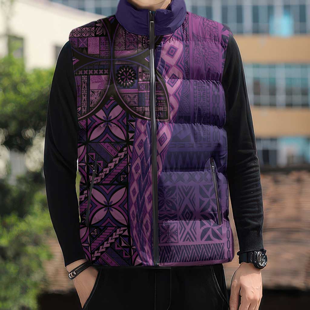 Samoan Pacific Tribal Flower Geometric Art Tattoos Sleeveless Puffer Jacket Siapo Pattern Purple Haze - Polynesian Pride