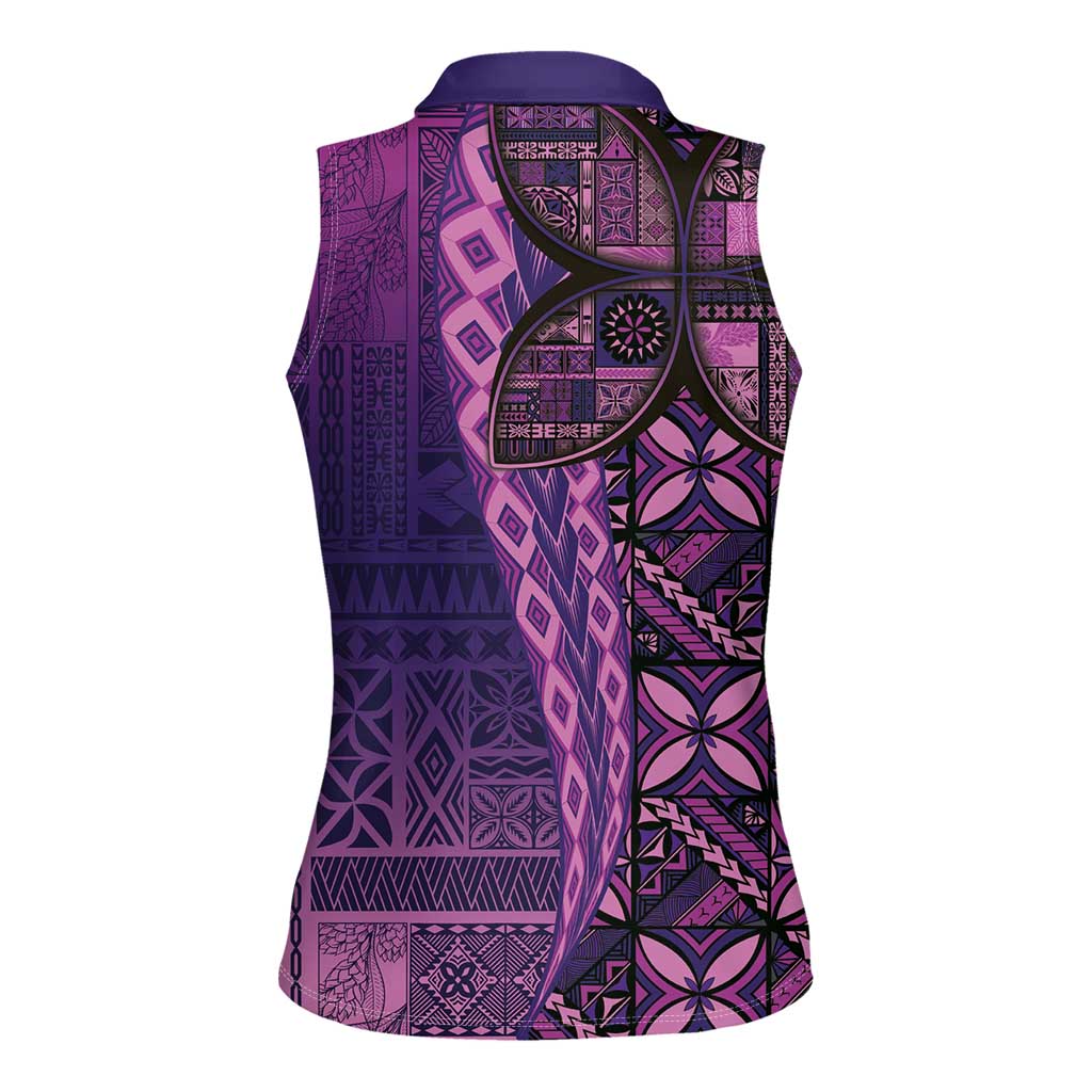 Samoan Pacific Tribal Flower Geometric Art Tattoos Women Sleeveless Polo Shirt Siapo Pattern Purple Haze - Polynesian Pride