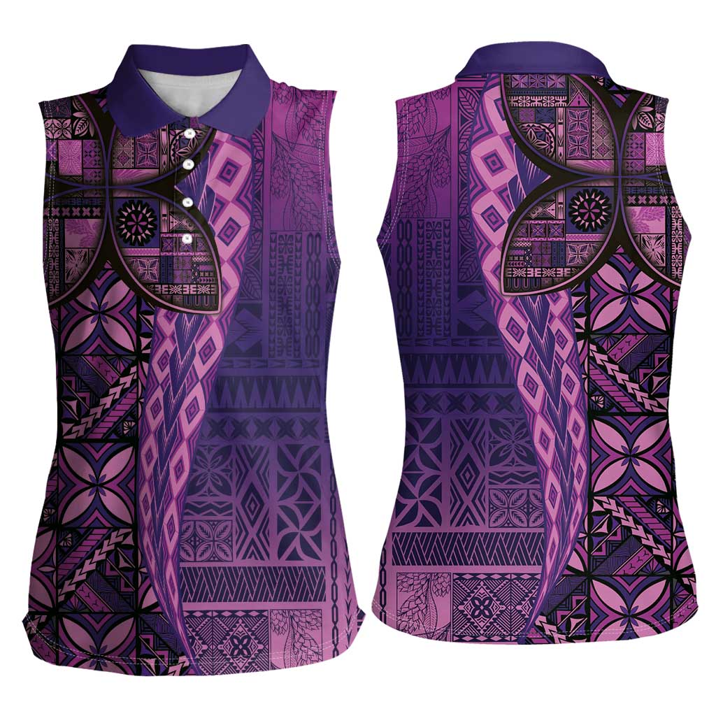 Samoan Pacific Tribal Flower Geometric Art Tattoos Women Sleeveless Polo Shirt Siapo Pattern Purple Haze - Polynesian Pride