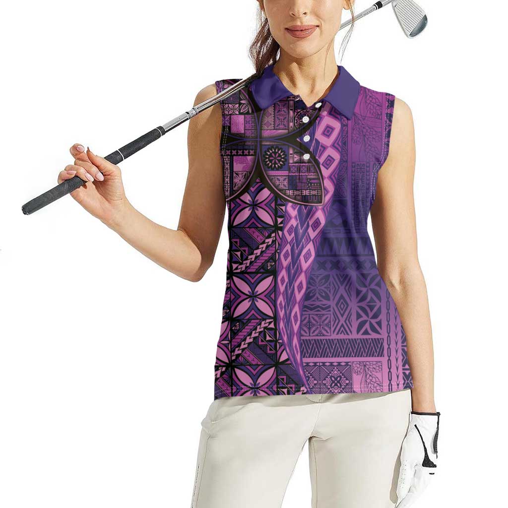 Samoan Pacific Tribal Flower Geometric Art Tattoos Women Sleeveless Polo Shirt Siapo Pattern Purple Haze - Polynesian Pride