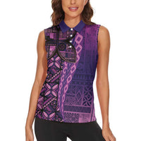 Samoan Pacific Tribal Flower Geometric Art Tattoos Women Sleeveless Polo Shirt Siapo Pattern Purple Haze - Polynesian Pride