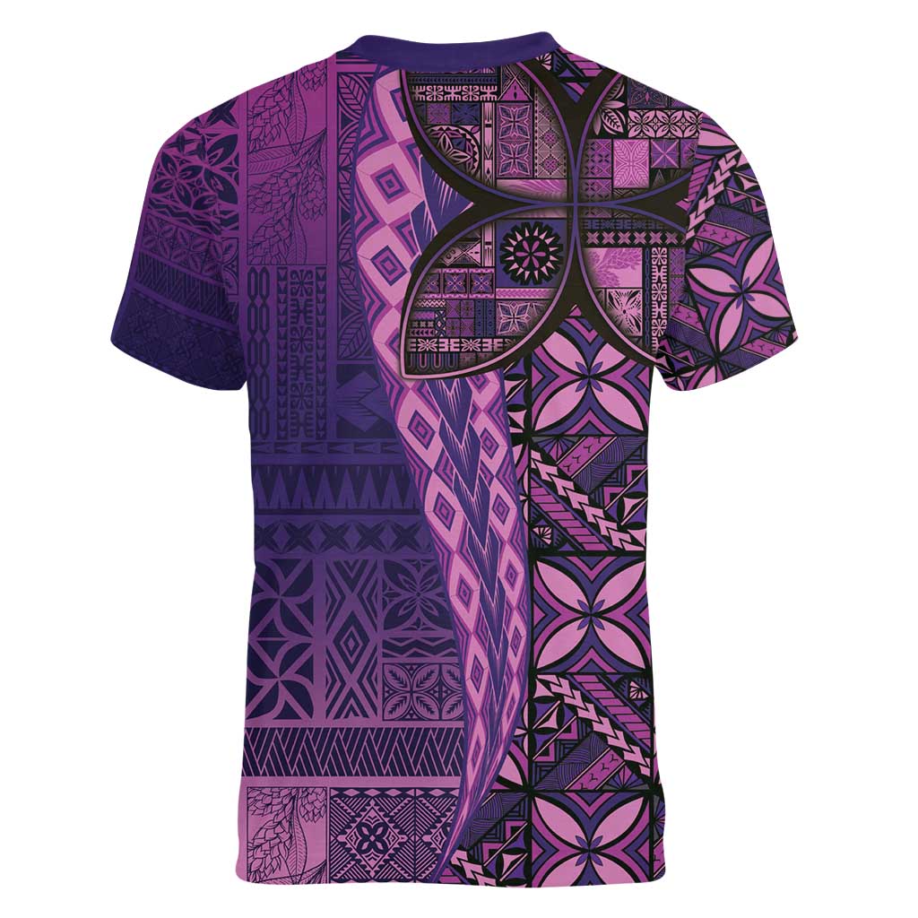 Samoan Pacific Tribal Flower Geometric Art Tattoos Women V-Neck T-Shirt Siapo Pattern Purple Haze - Polynesian Pride