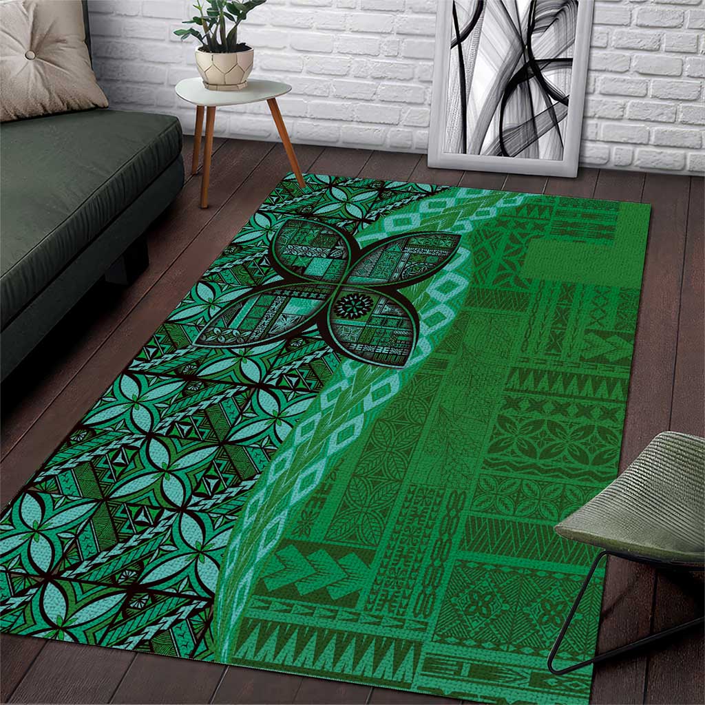 Samoan Pacific Tribal Flower Geometric Art Tattoos Area Rug Siapo Pattern Emerald Glow - Polynesian Pride