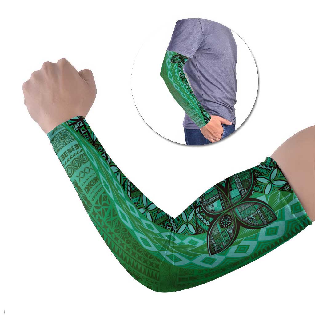 Samoan Pacific Tribal Flower Geometric Art Tattoos Arm Sleeves Siapo Pattern Emerald Glow - Polynesian Pride