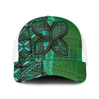 Samoan Pacific Tribal Flower Geometric Art Tattoos Baseball Net Cap Siapo Pattern Emerald Glow - Polynesian Pride