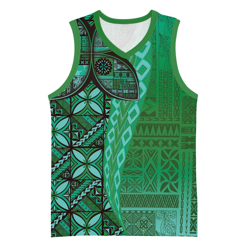 Samoan Pacific Tribal Flower Geometric Art Tattoos Basketball Jersey Siapo Pattern Emerald Glow - Polynesian Pride