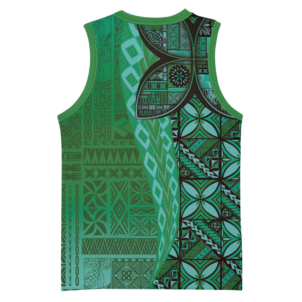 Samoan Pacific Tribal Flower Geometric Art Tattoos Basketball Jersey Siapo Pattern Emerald Glow - Polynesian Pride