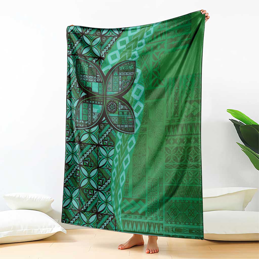 Samoan Pacific Tribal Flower Geometric Art Tattoos Blanket Siapo Pattern Emerald Glow - Polynesian Pride