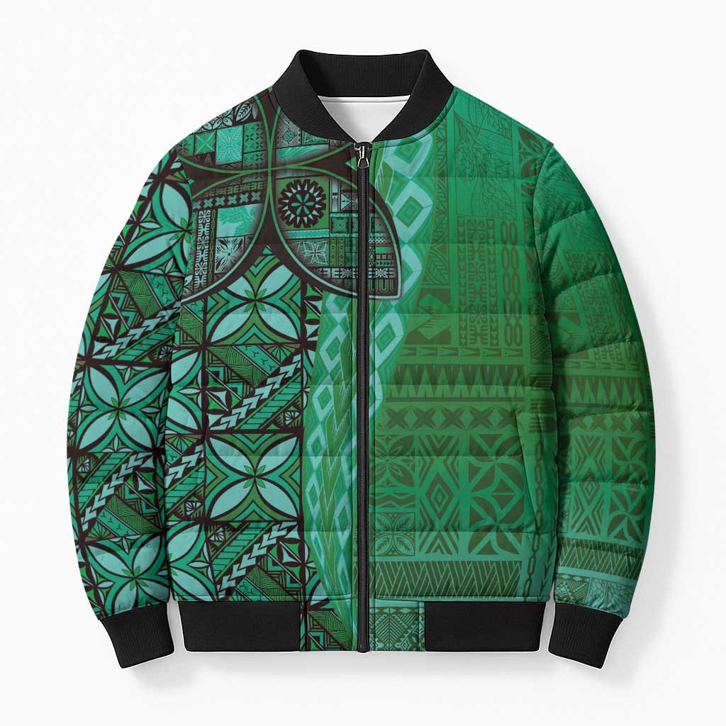 Samoan Pacific Tribal Flower Geometric Art Tattoos Bomber Puffer Jacket Siapo Pattern Emerald Glow - Polynesian Pride