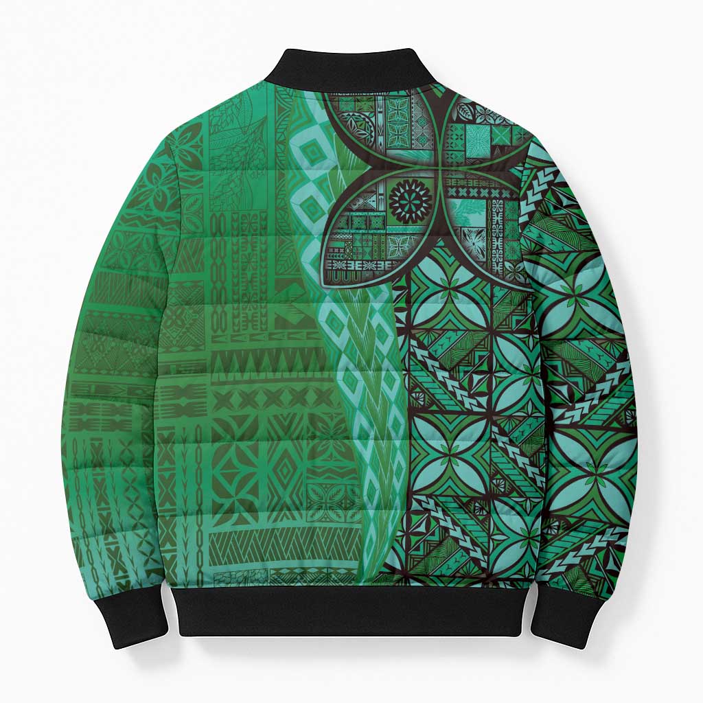 Samoan Pacific Tribal Flower Geometric Art Tattoos Bomber Puffer Jacket Siapo Pattern Emerald Glow - Polynesian Pride