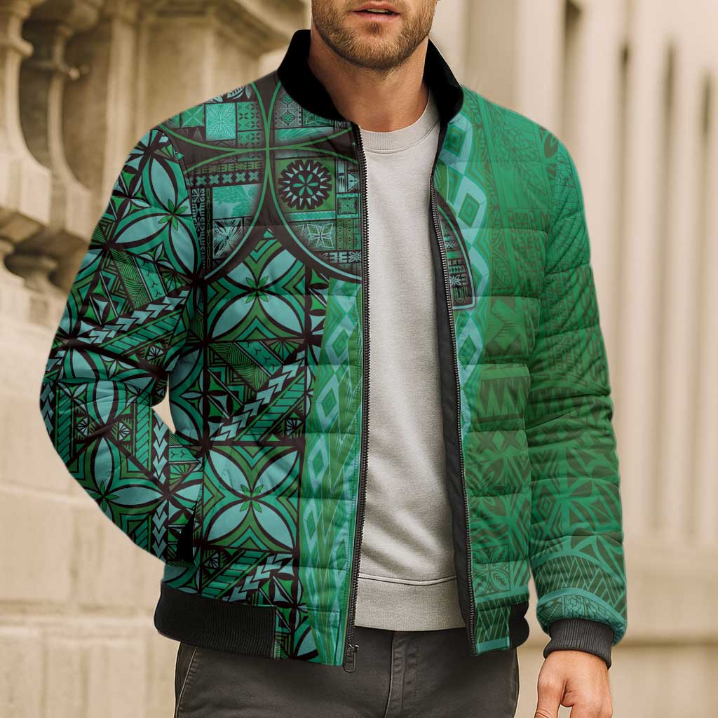 Samoan Pacific Tribal Flower Geometric Art Tattoos Bomber Puffer Jacket Siapo Pattern Emerald Glow - Polynesian Pride