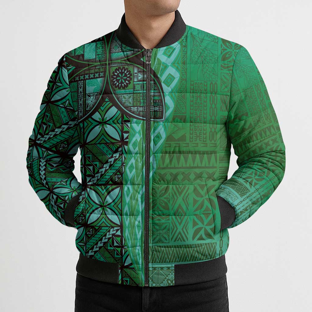 Samoan Pacific Tribal Flower Geometric Art Tattoos Bomber Puffer Jacket Siapo Pattern Emerald Glow - Polynesian Pride