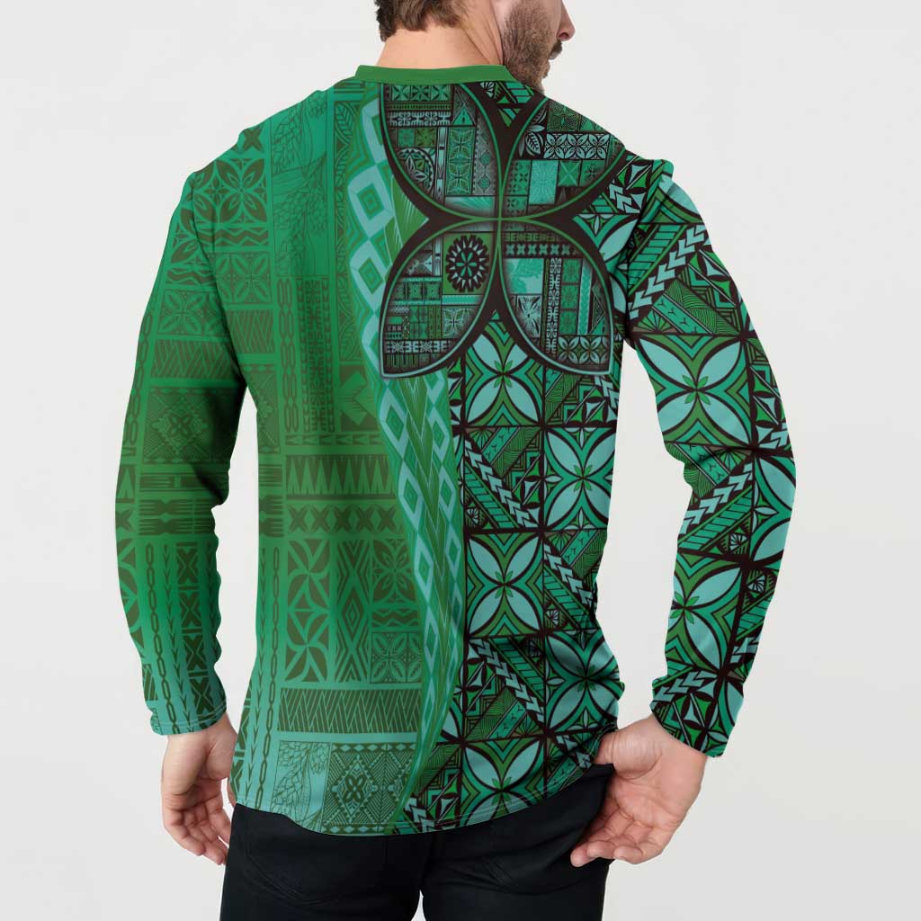 Samoan Pacific Tribal Flower Geometric Art Tattoos Button Sweatshirt Siapo Pattern Emerald Glow - Polynesian Pride