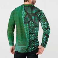 Samoan Pacific Tribal Flower Geometric Art Tattoos Button Sweatshirt Siapo Pattern Emerald Glow - Polynesian Pride