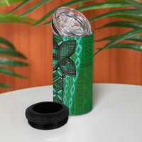 Samoan Pacific Tribal Flower Geometric Art Tattoos 4 in 1 Can Cooler Tumbler Siapo Pattern Emerald Glow - Polynesian Pride