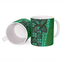 Samoan Pacific Tribal Flower Geometric Art Tattoos Ceramic Mug Siapo Pattern Emerald Glow - Polynesian Pride
