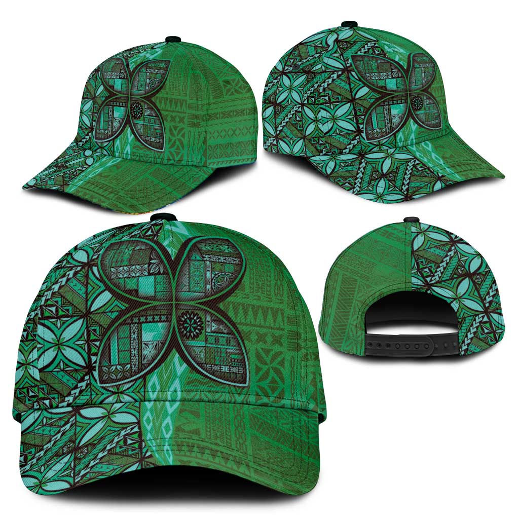 Samoan Pacific Tribal Flower Geometric Art Tattoos Classic Cap Siapo Pattern Emerald Glow - Polynesian Pride