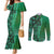 Samoan Pacific Tribal Flower Geometric Art Tattoos Couples Matching Mermaid Dress and Long Sleeve Button Shirt Siapo Pattern Emerald Glow - Polynesian Pride