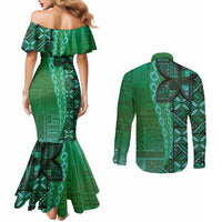 Samoan Pacific Tribal Flower Geometric Art Tattoos Couples Matching Mermaid Dress and Long Sleeve Button Shirt Siapo Pattern Emerald Glow - Polynesian Pride
