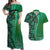 Samoan Pacific Tribal Flower Geometric Art Tattoos Couples Matching Off Shoulder Maxi Dress and Hawaiian Shirt Siapo Pattern Emerald Glow - Polynesian Pride
