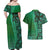 Samoan Pacific Tribal Flower Geometric Art Tattoos Couples Matching Off Shoulder Maxi Dress and Hawaiian Shirt Siapo Pattern Emerald Glow - Polynesian Pride