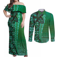 Samoan Pacific Tribal Flower Geometric Art Tattoos Couples Matching Off Shoulder Maxi Dress and Long Sleeve Button Shirt Siapo Pattern Emerald Glow - Polynesian Pride