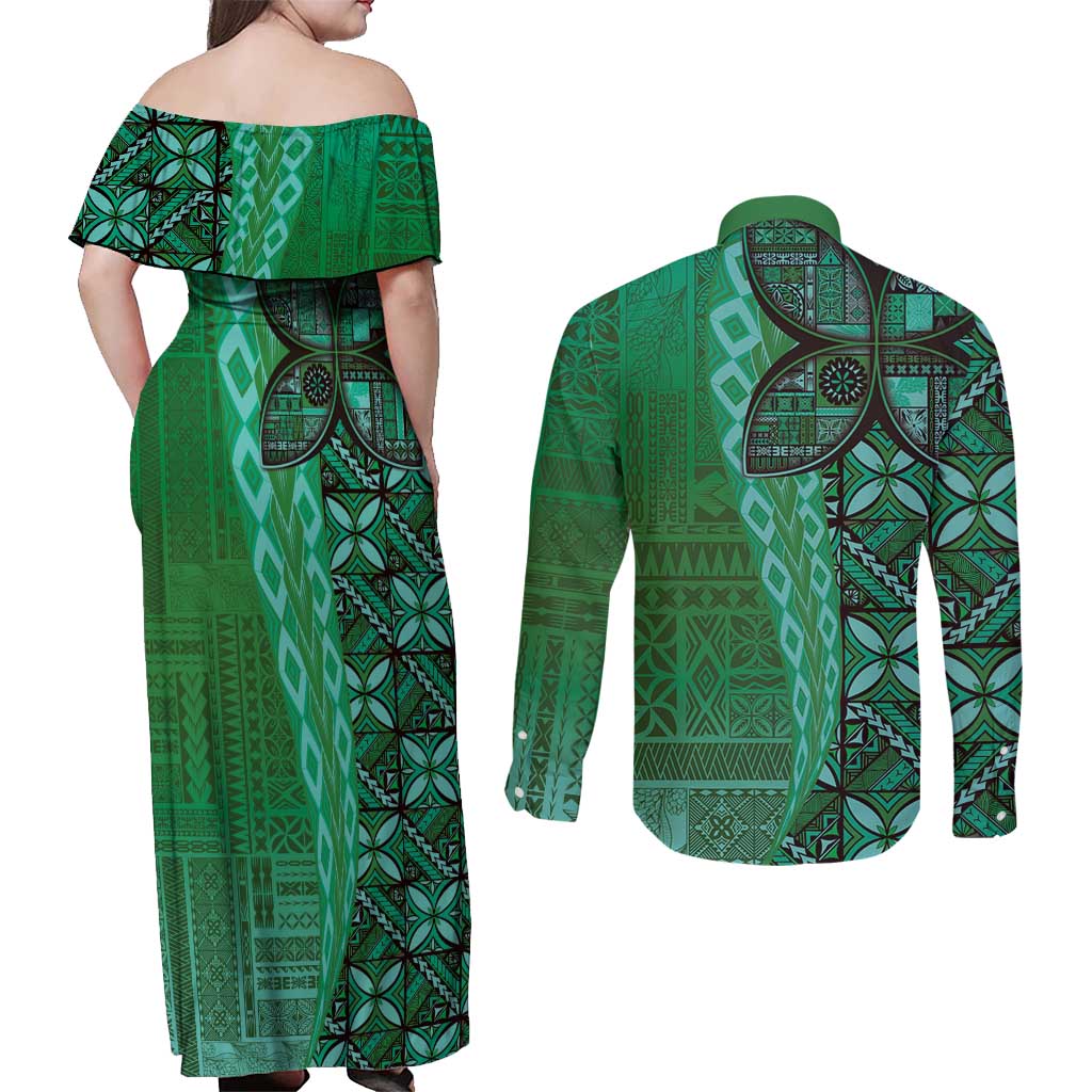 Samoan Pacific Tribal Flower Geometric Art Tattoos Couples Matching Off Shoulder Maxi Dress and Long Sleeve Button Shirt Siapo Pattern Emerald Glow - Polynesian Pride