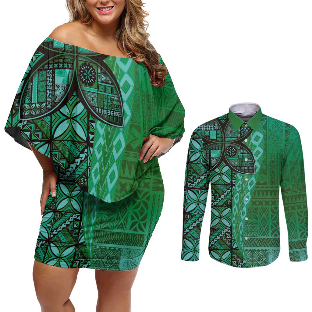 Samoan Pacific Tribal Flower Geometric Art Tattoos Couples Matching Off Shoulder Short Dress and Long Sleeve Button Shirt Siapo Pattern Emerald Glow - Polynesian Pride