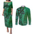 Samoan Pacific Tribal Flower Geometric Art Tattoos Couples Matching Puletasi and Long Sleeve Button Shirt Siapo Pattern Emerald Glow - Polynesian Pride