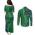 Samoan Pacific Tribal Flower Geometric Art Tattoos Couples Matching Puletasi and Long Sleeve Button Shirt Siapo Pattern Emerald Glow - Polynesian Pride