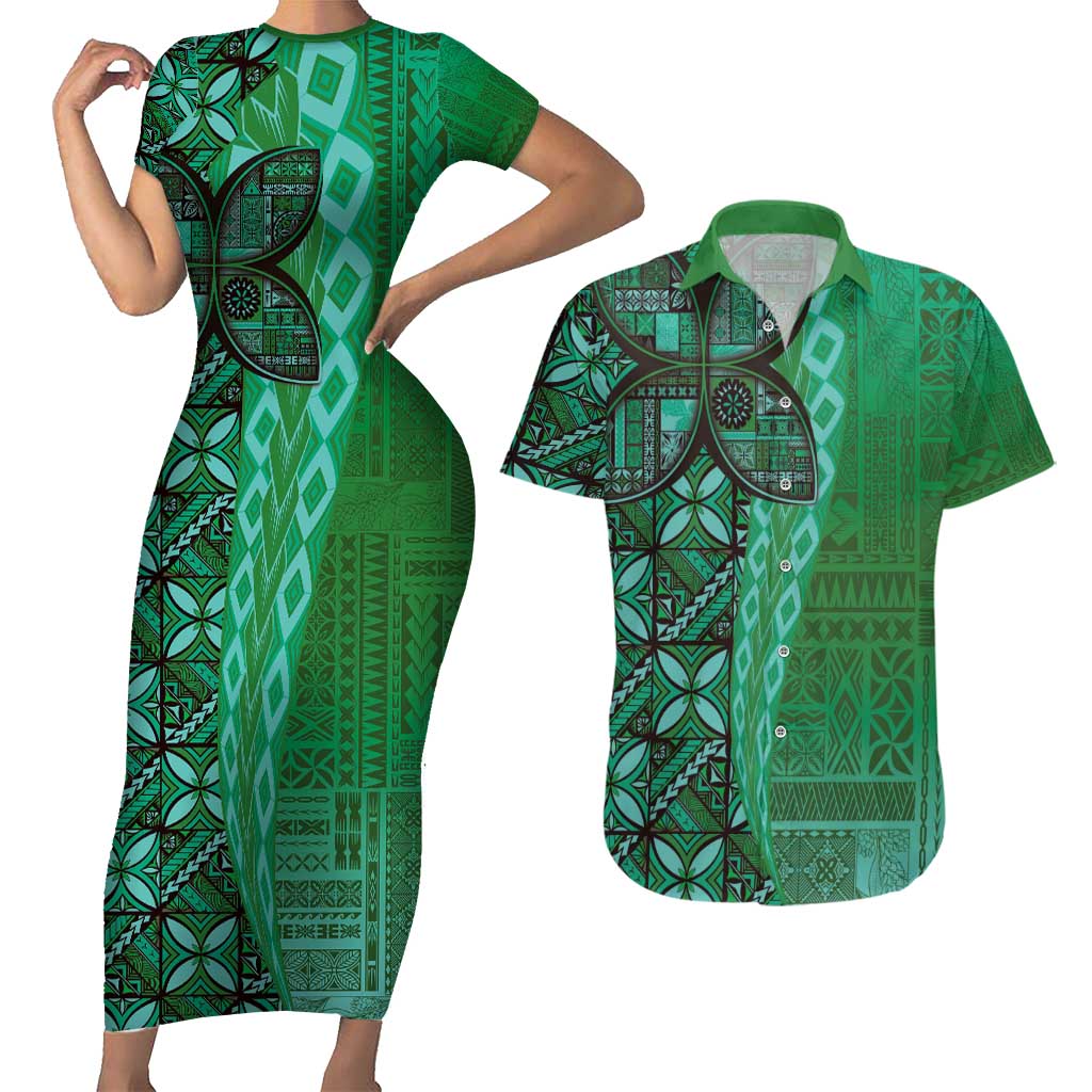 Samoan Pacific Tribal Flower Geometric Art Tattoos Couples Matching Short Sleeve Bodycon Dress and Hawaiian Shirt Siapo Pattern Emerald Glow - Polynesian Pride