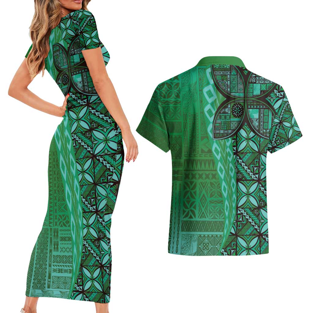 Samoan Pacific Tribal Flower Geometric Art Tattoos Couples Matching Short Sleeve Bodycon Dress and Hawaiian Shirt Siapo Pattern Emerald Glow - Polynesian Pride