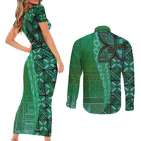 Samoan Pacific Tribal Flower Geometric Art Tattoos Couples Matching Short Sleeve Bodycon Dress and Long Sleeve Button Shirt Siapo Pattern Emerald Glow - Polynesian Pride