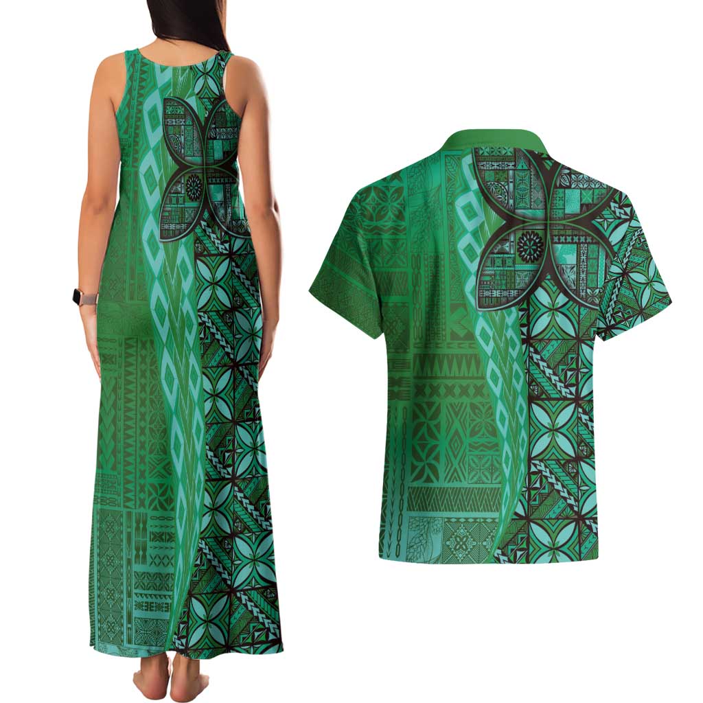 Samoan Pacific Tribal Flower Geometric Art Tattoos Couples Matching Tank Maxi Dress and Hawaiian Shirt Siapo Pattern Emerald Glow - Polynesian Pride