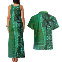 Samoan Pacific Tribal Flower Geometric Art Tattoos Couples Matching Tank Maxi Dress and Hawaiian Shirt Siapo Pattern Emerald Glow - Polynesian Pride