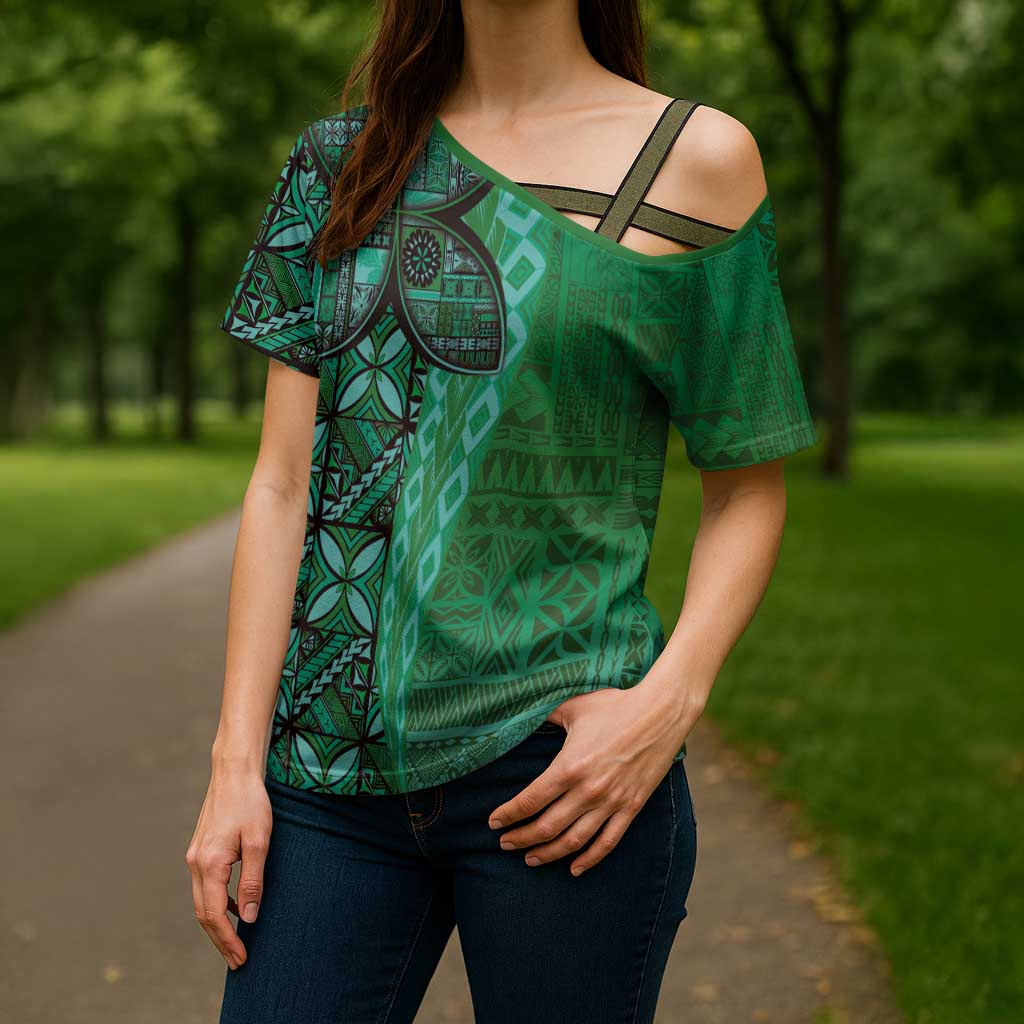 Samoan Pacific Tribal Flower Geometric Art Tattoos Cross Shoulder Shirt Siapo Pattern Emerald Glow - Polynesian Pride
