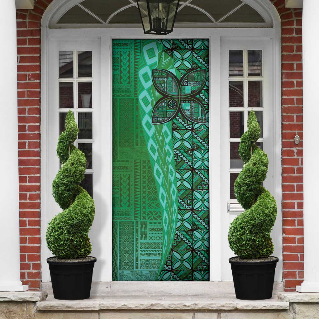 Samoan Pacific Tribal Flower Geometric Art Tattoos Door Cover Siapo Pattern Emerald Glow - Polynesian Pride