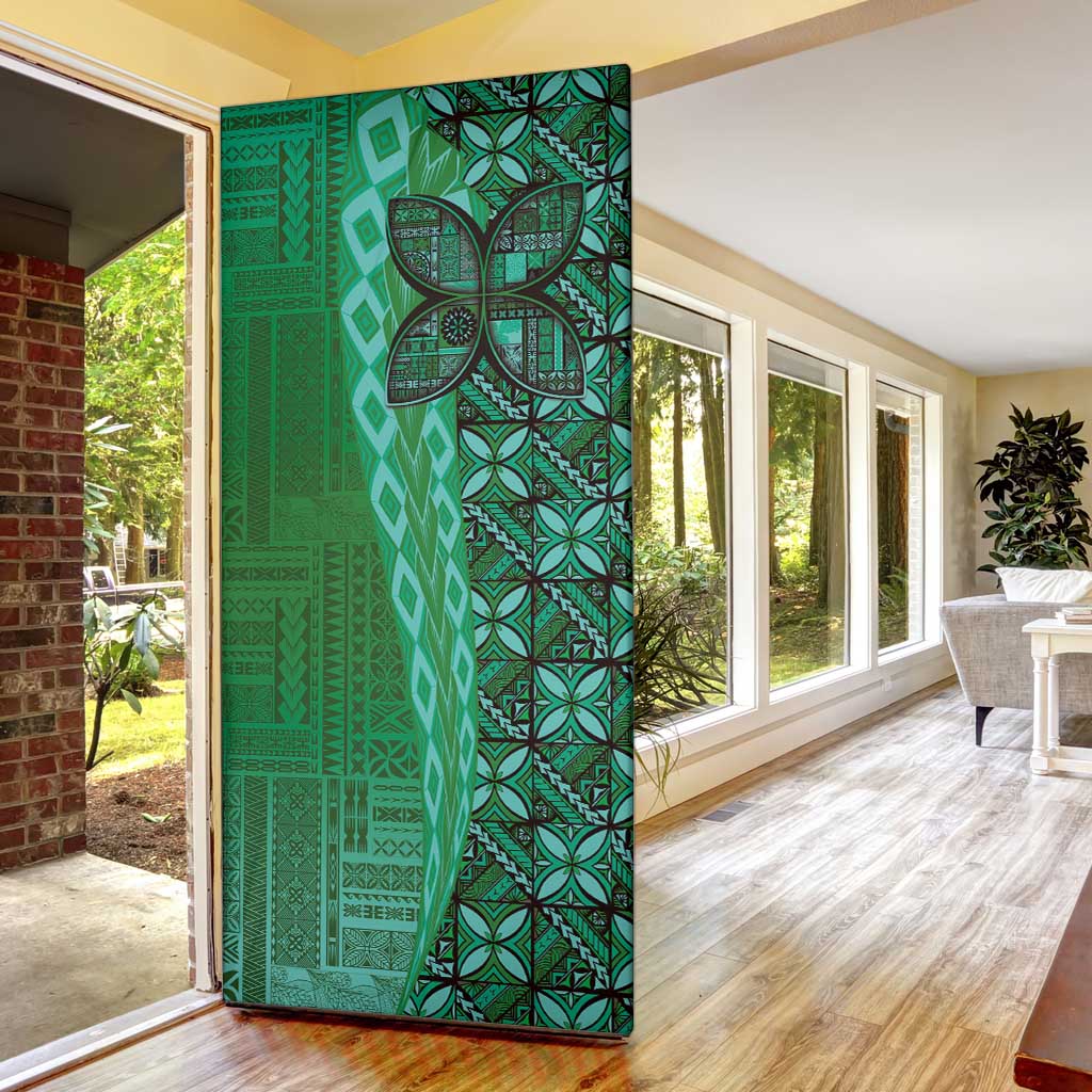 Samoan Pacific Tribal Flower Geometric Art Tattoos Door Cover Siapo Pattern Emerald Glow - Polynesian Pride