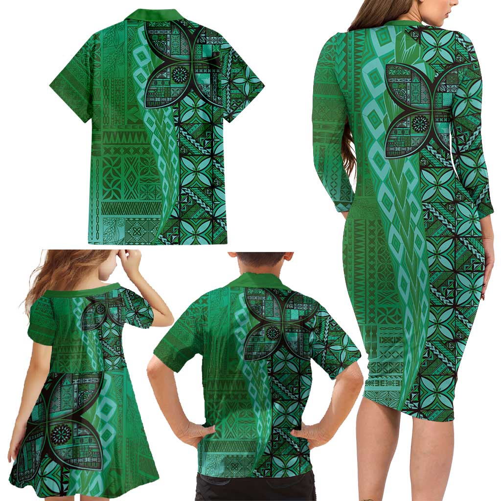 Samoan Pacific Tribal Flower Geometric Art Tattoos Family Matching Long Sleeve Bodycon Dress and Hawaiian Shirt Siapo Pattern Emerald Glow - Polynesian Pride