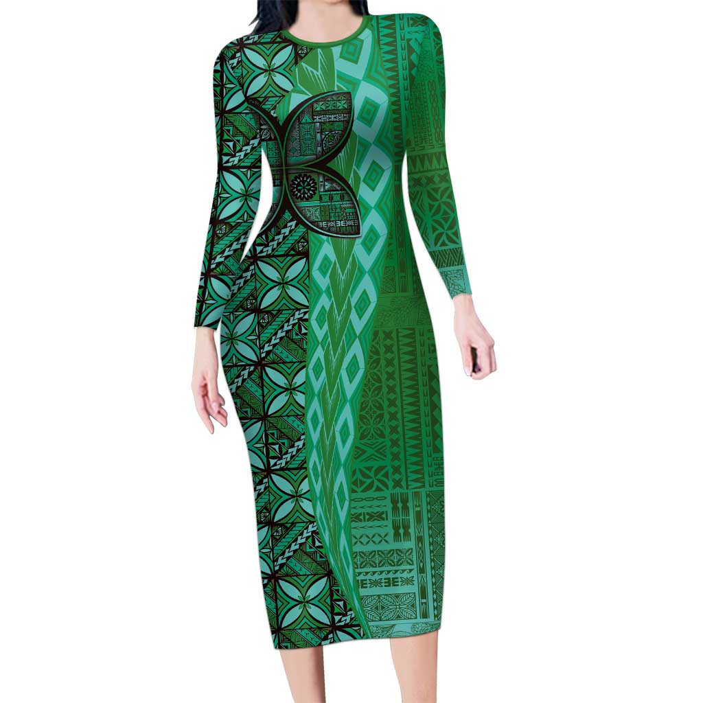 Samoan Pacific Tribal Flower Geometric Art Tattoos Family Matching Long Sleeve Bodycon Dress and Hawaiian Shirt Siapo Pattern Emerald Glow - Polynesian Pride